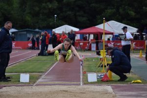 Lucy Hadaway competing in the long jump at the England U20/U23 Track and Field Championships 2021 in Bedford