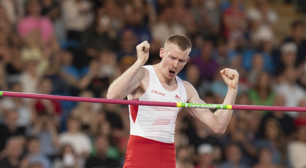 Adam Hague competing in the men’s pole vault at the Commonwealth Games at Alexander Stadium, Birmingham, England, on 6th August, 2022.