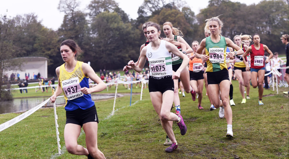 Mansfield 5 November 2022. Elena Carey (937), Sophie Tarver (1075) and Mia Atkinson (944) lead in the senior women's race soon after the start. Photograph by Mark Shearman