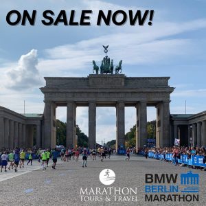 Brandenburg Gate. Text: "On sale now! BMW Berlin Marathon"