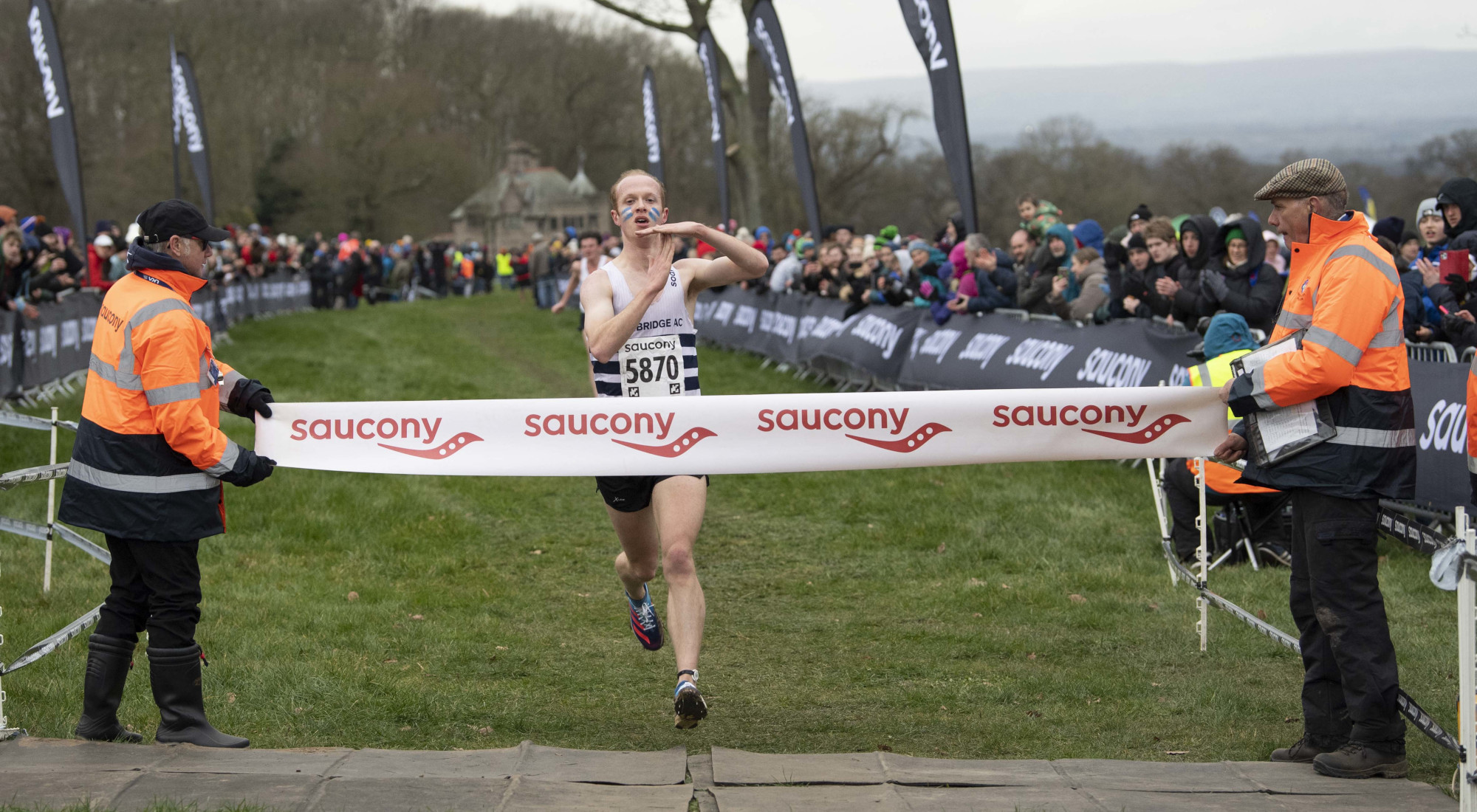 James Kingston crossing the finishing line to win the senior men's race at the English National Cross Country Championships, Bolesworth Castle, Chester, England UK 0n Saturday 25th February 2023. Photo by Gary Mitchell