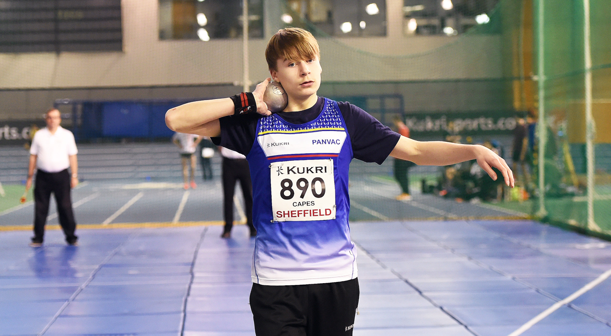 Lawson Capes competes in the boy's U15 shot put in Sheffield