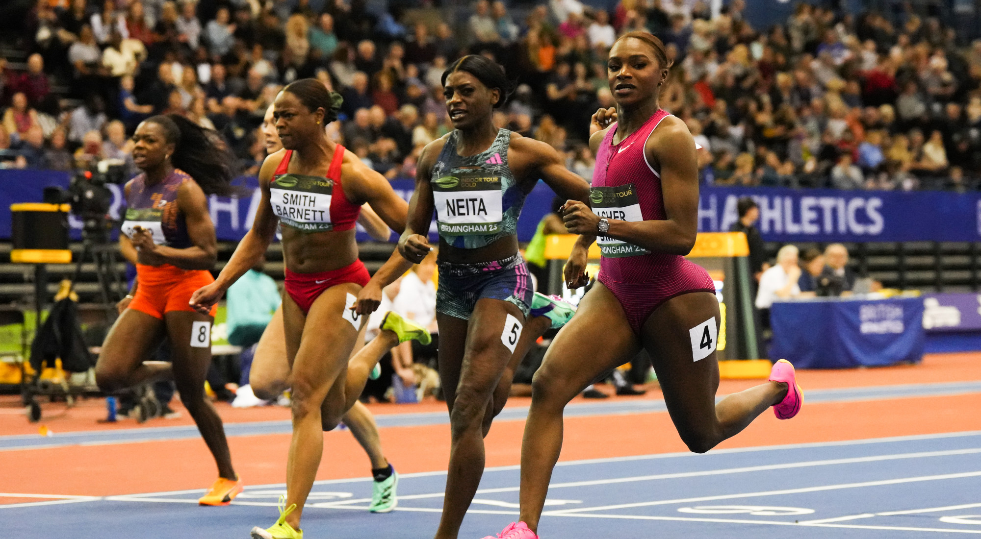 Dina Asher-Smith and Daryll Neita competing at the World Indoor Tour in Birmingham