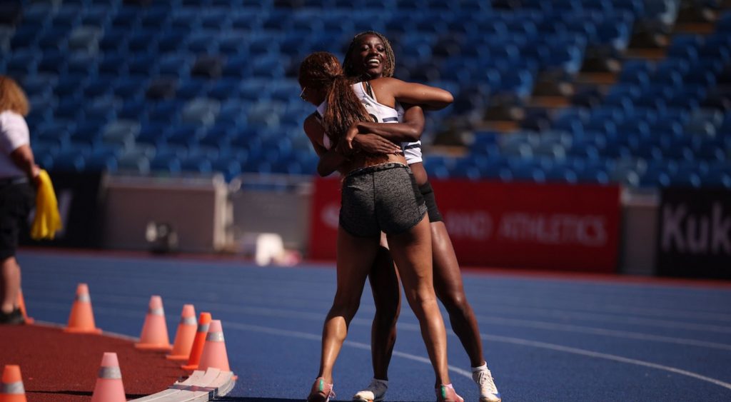 Croydon Harriers celebrating women's 4x100m relay win 2000x1100