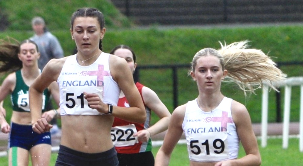 Lily Holt, Neve Davenport running 200m in England vests
