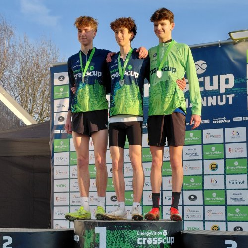 Michael Clark and Jack Marwood on the podium at Hannut Cross Country 2026