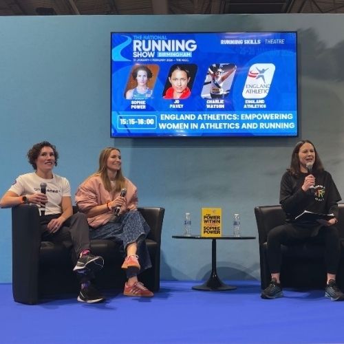 Charlie Watson (aka @therunnerbeans), Sophie Power, and Jo Pavey panel talk at the National Running Show