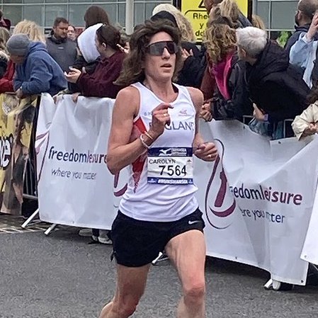 Carolyn Hay winning F50 at masters half marathon